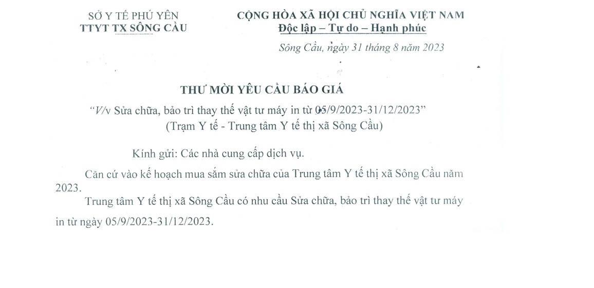 Yêu cầu báo giá Sửa chữa, bảo trì thay thế vật tư máy in ngày 05/09/2023-31/12/2023 (Trạm Y tế)